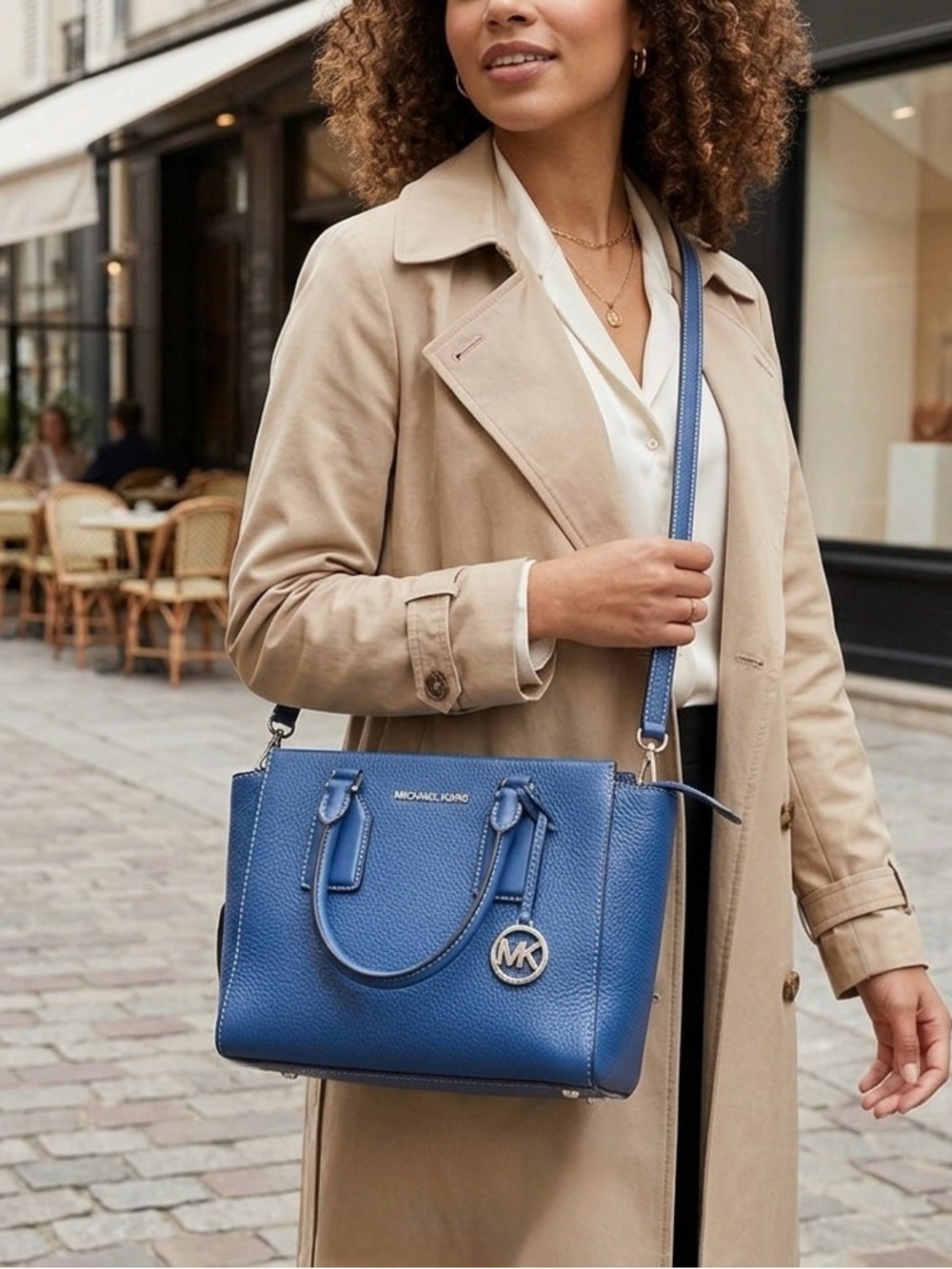 Michael Kors Cobalt Blue Pebbled Leather Satchel Silver Hardware Crossbody Tote - Picture 2 of 14